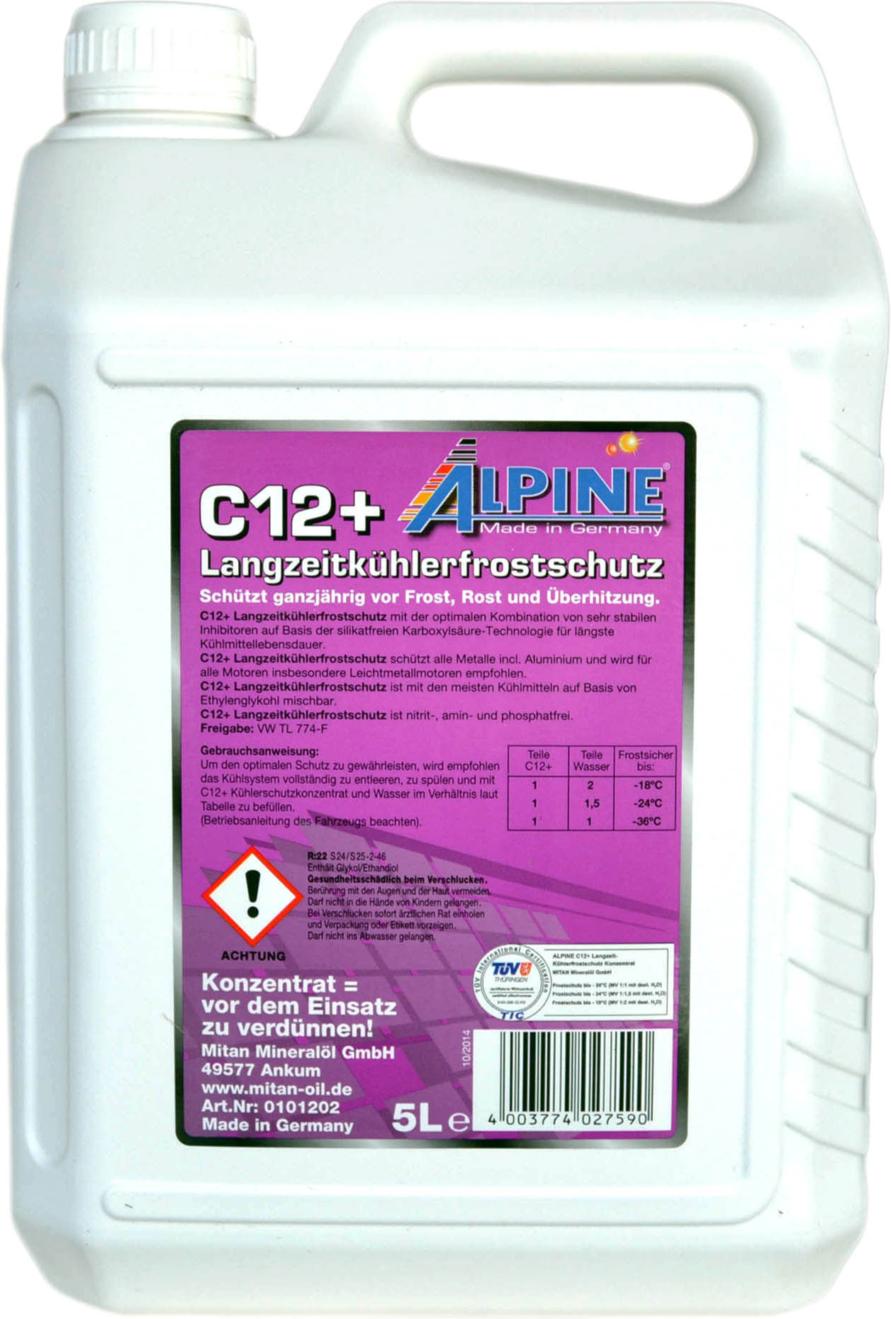 Охолоджувальна рідина ALPINE G12+, концентрат, фіолетовий, 5 л (4003774027590)